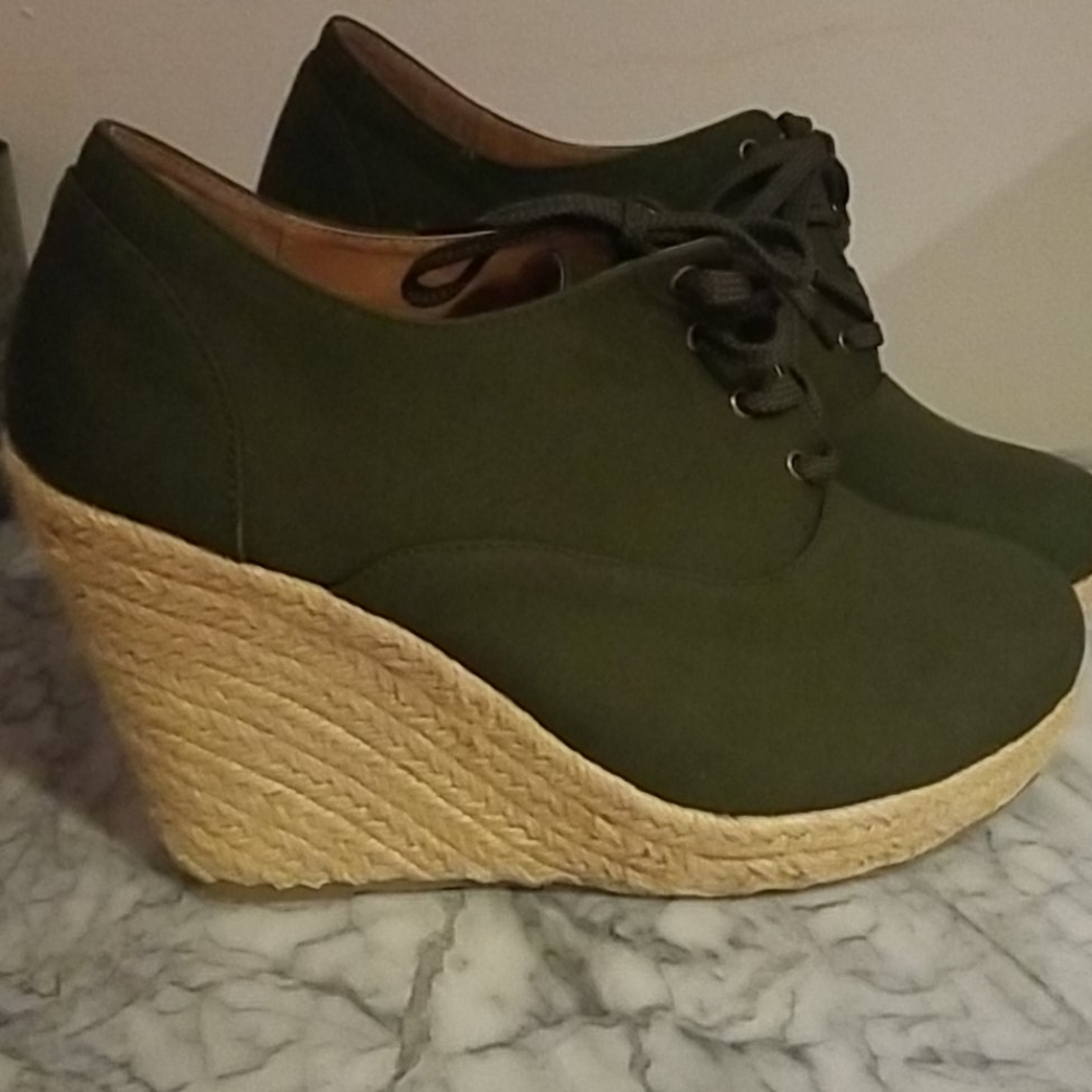 Army green wide width wedge espadrilles